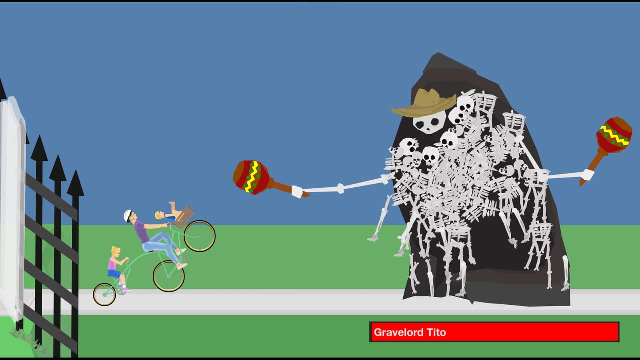 Happy Wheels screenshot of a bicycle racer approaching a giant skeleton trap on a user-made course