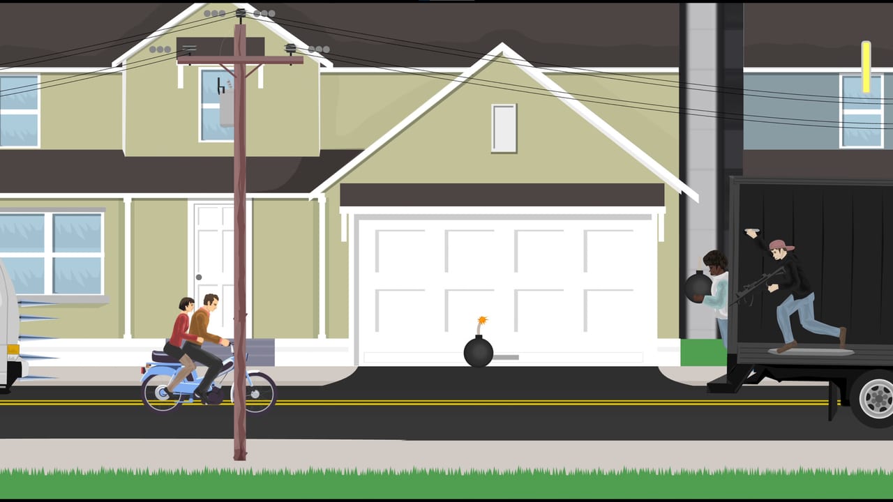 Happy Wheels screenshot of a suburban street course with a moped, a bomb, and staged hazards